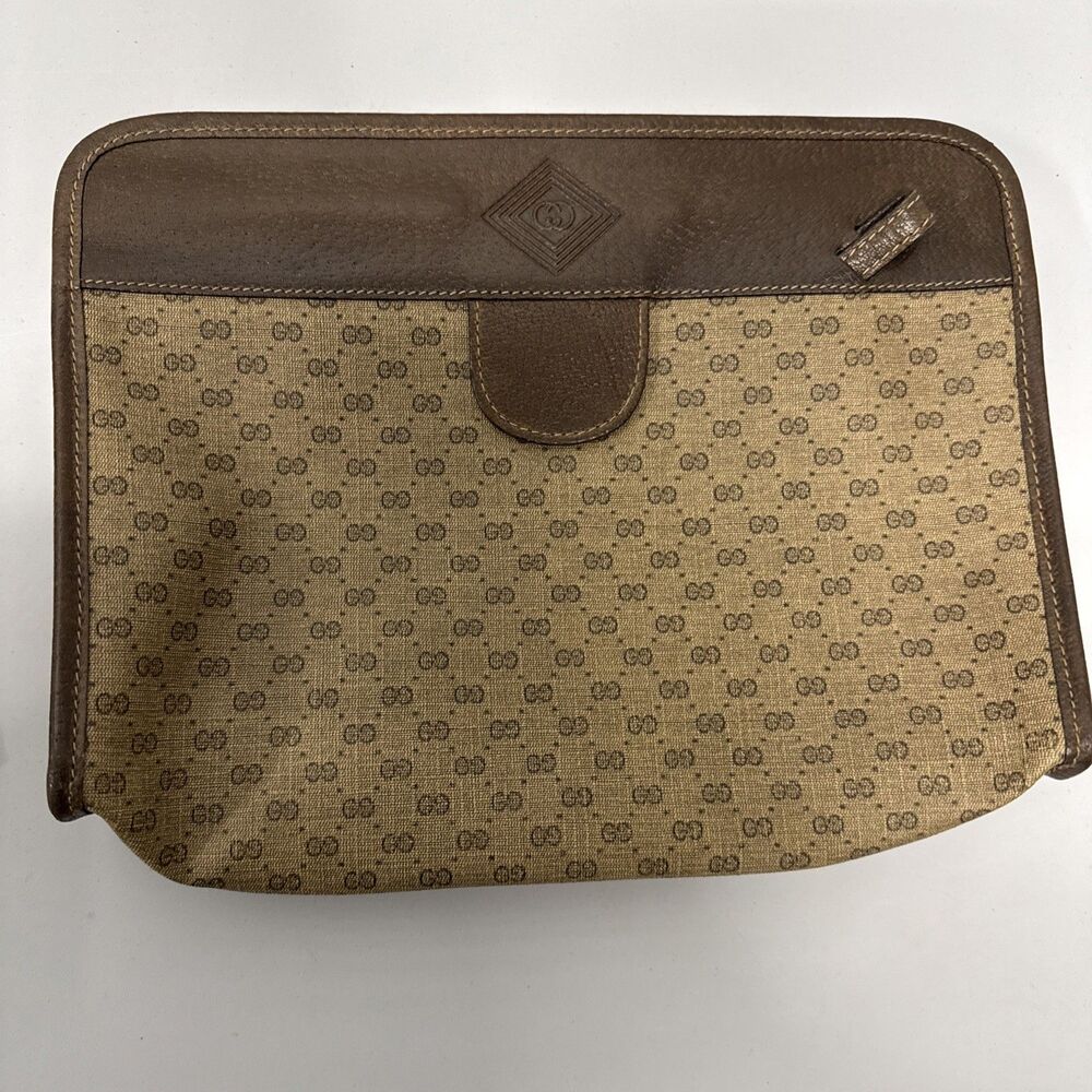GUCCI Micro GG Supreme Clutch Bag PVC Brown Leather Canvas w/Entrupy COA